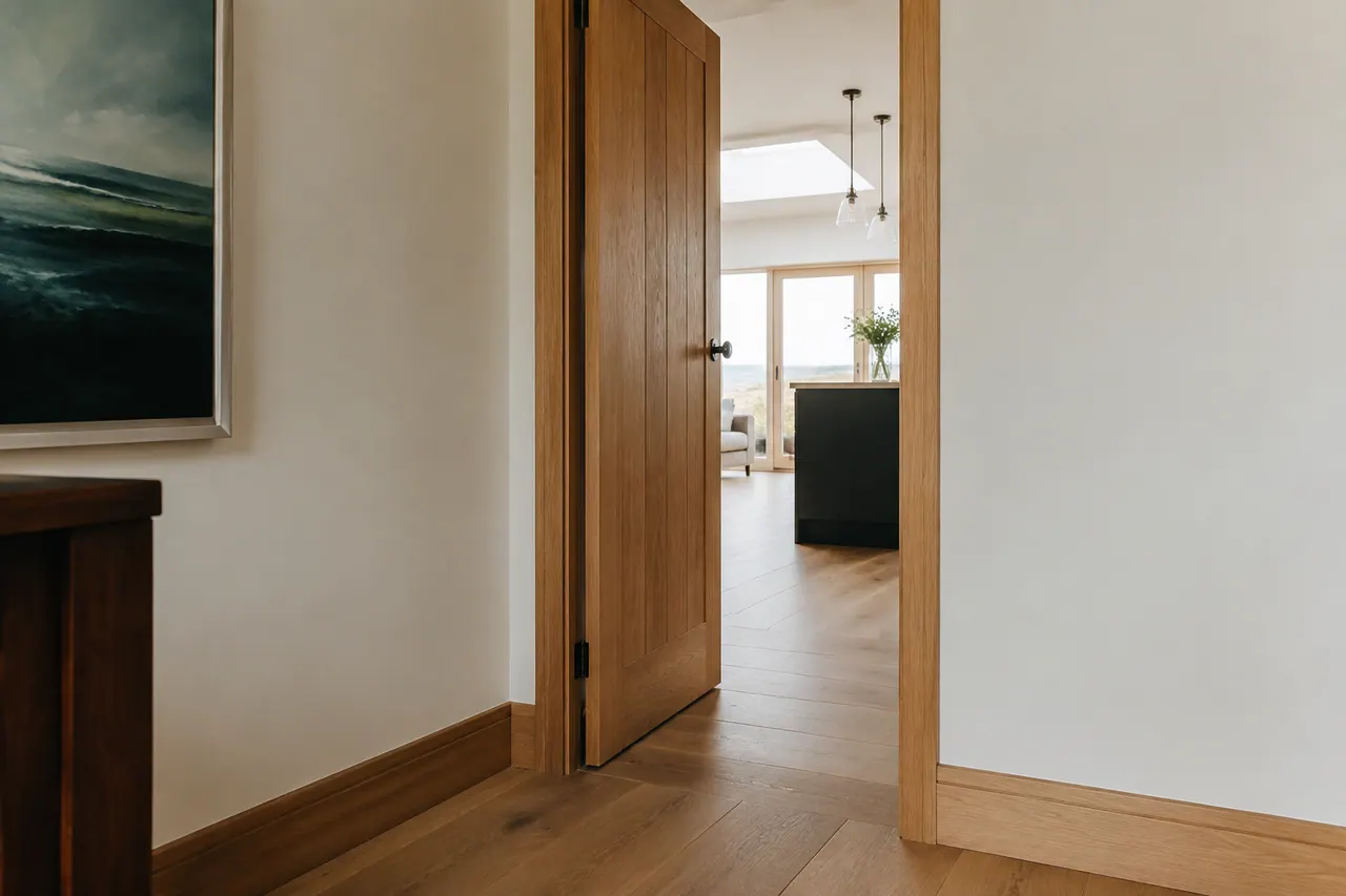 Oak door, lining and skirting in a finished home