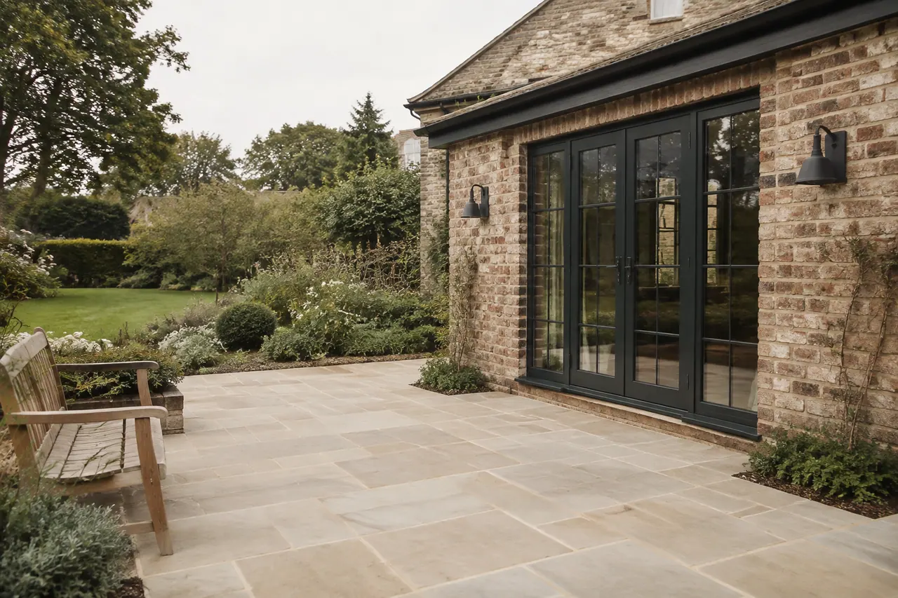 Stone patio connecting a brick house to the garden