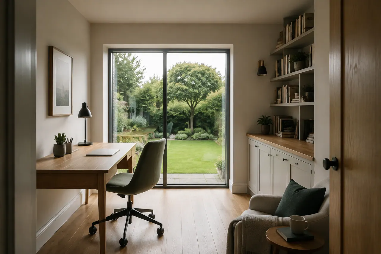 Garage converted into a home office with garden glazing