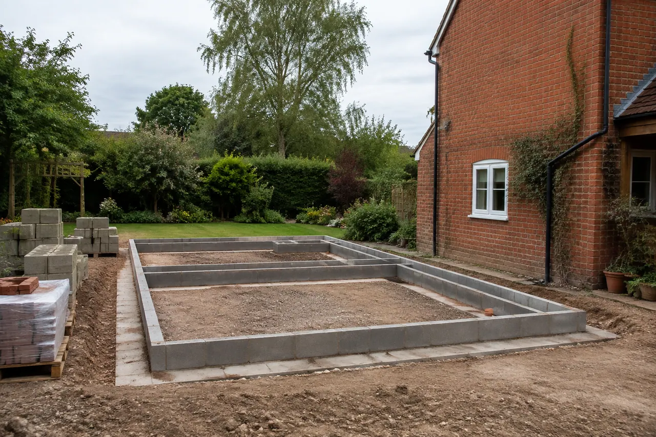 Early foundation and blockwork stage of a home extension