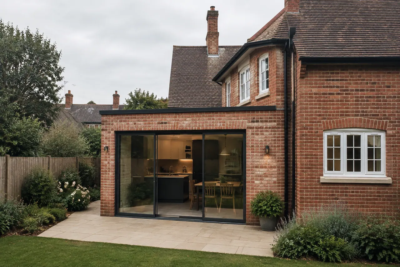 Brick rear extension with garden glazing and a stone terrace