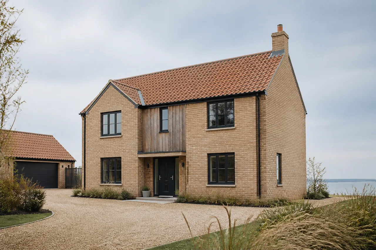 Detached brick new home with a tiled roof and landscaped approach