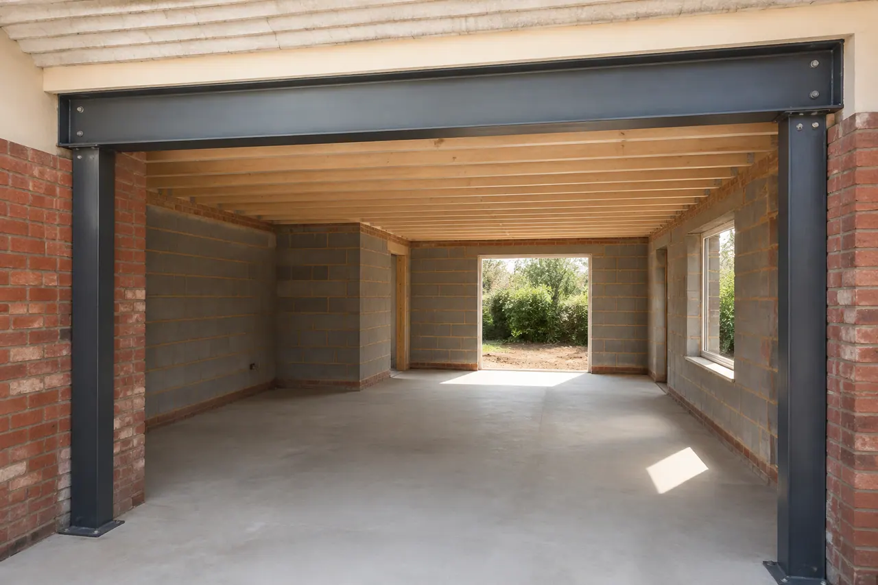 Structural steel frame within an unfinished extension