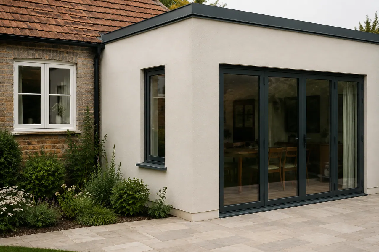Rendered extension with dark garden doors